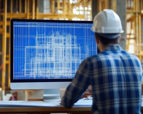 Construction engineer analyzing digital blueprint on computer screen, modern architecture design, building framework planning