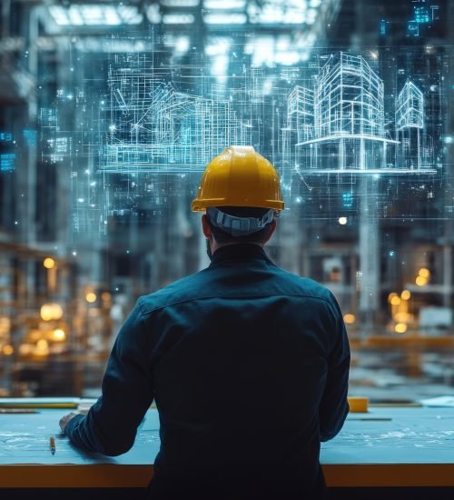 A professional engineer wearing a yellow helmet is standing in the middle of a construction site, with digital holographic building drawings floating above his head. He's looking at them intently and is making geometrical sketches on paper using a pencil or pen. The background features dark concrete walls and large windows that reflect light from inside onto him. In front of him stands another male business person dressed in a suit; he watches all these events in shock. Realistic photo.. --ar 16:9 --stylize 250 --v 6.1 Job ID: fd4f5f06-d078-4103-8271-0cdf440fe440