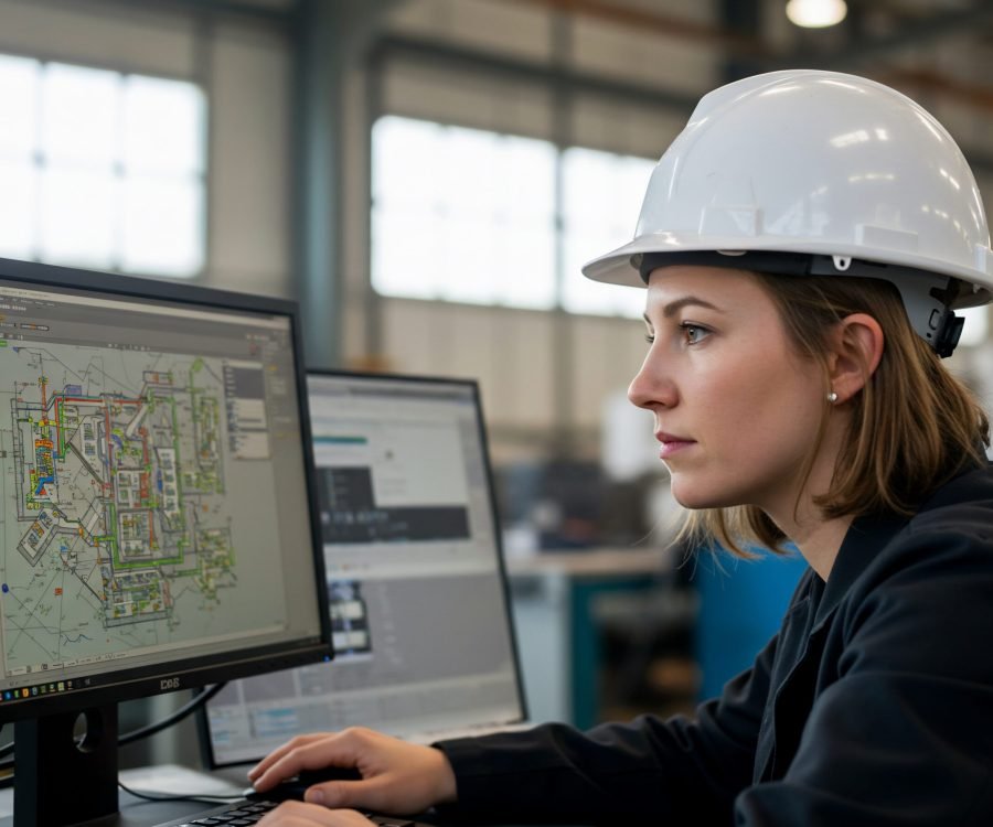 Focused female engineer wearing a white hard hat, working on CAD software at a computer in a factory setting. The image showcases a modern approach to industrial engineering and could be used to illustrate articles or advertisements about technology, skilled labor, or women in STEM fields.